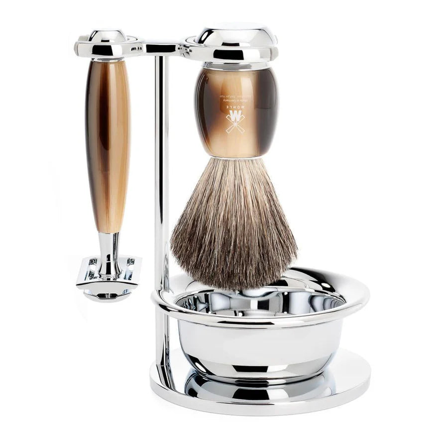 Muhle Vivo Brown Horn 4-Piece Pure Badger & Safety Razor Shaving Set